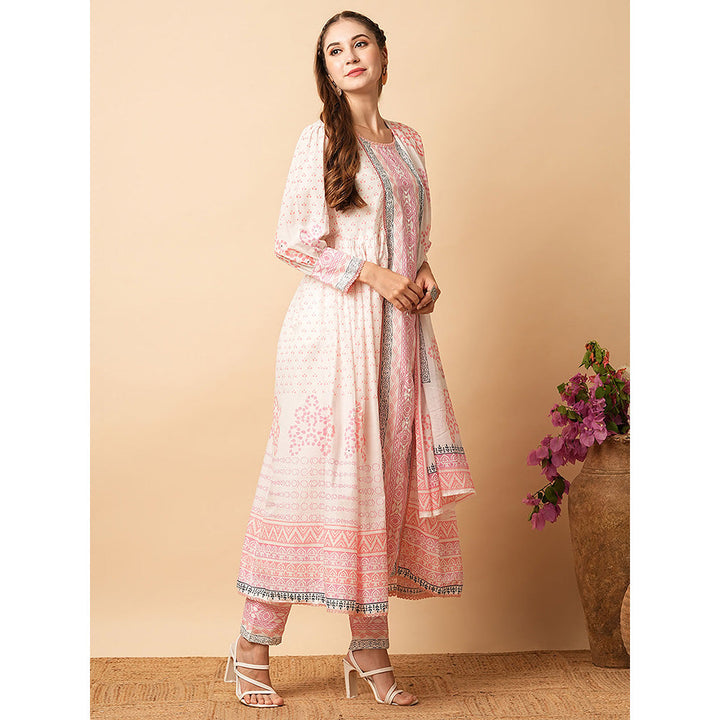 FASHOR White & Pink Printed Kurta with Pant & Dupatta (Set of 3)