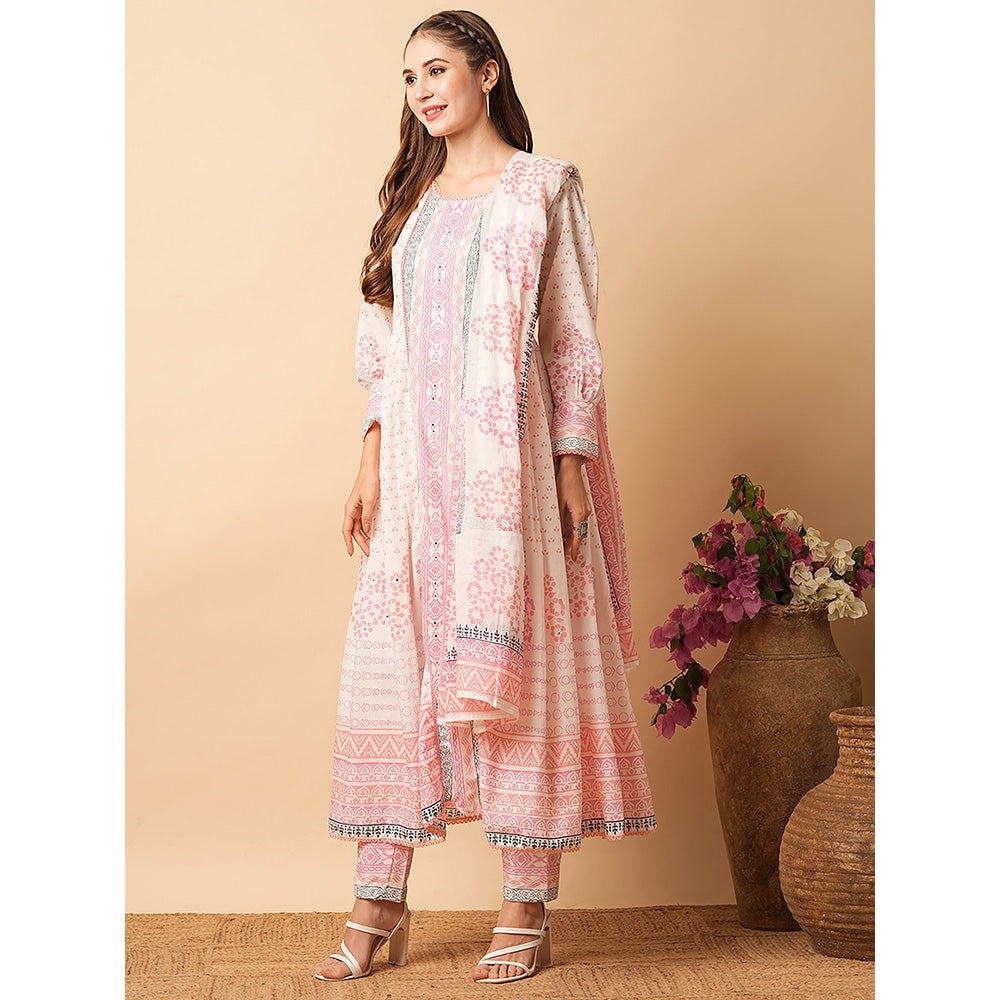 FASHOR White & Pink Printed Kurta with Pant & Dupatta (Set of 3)