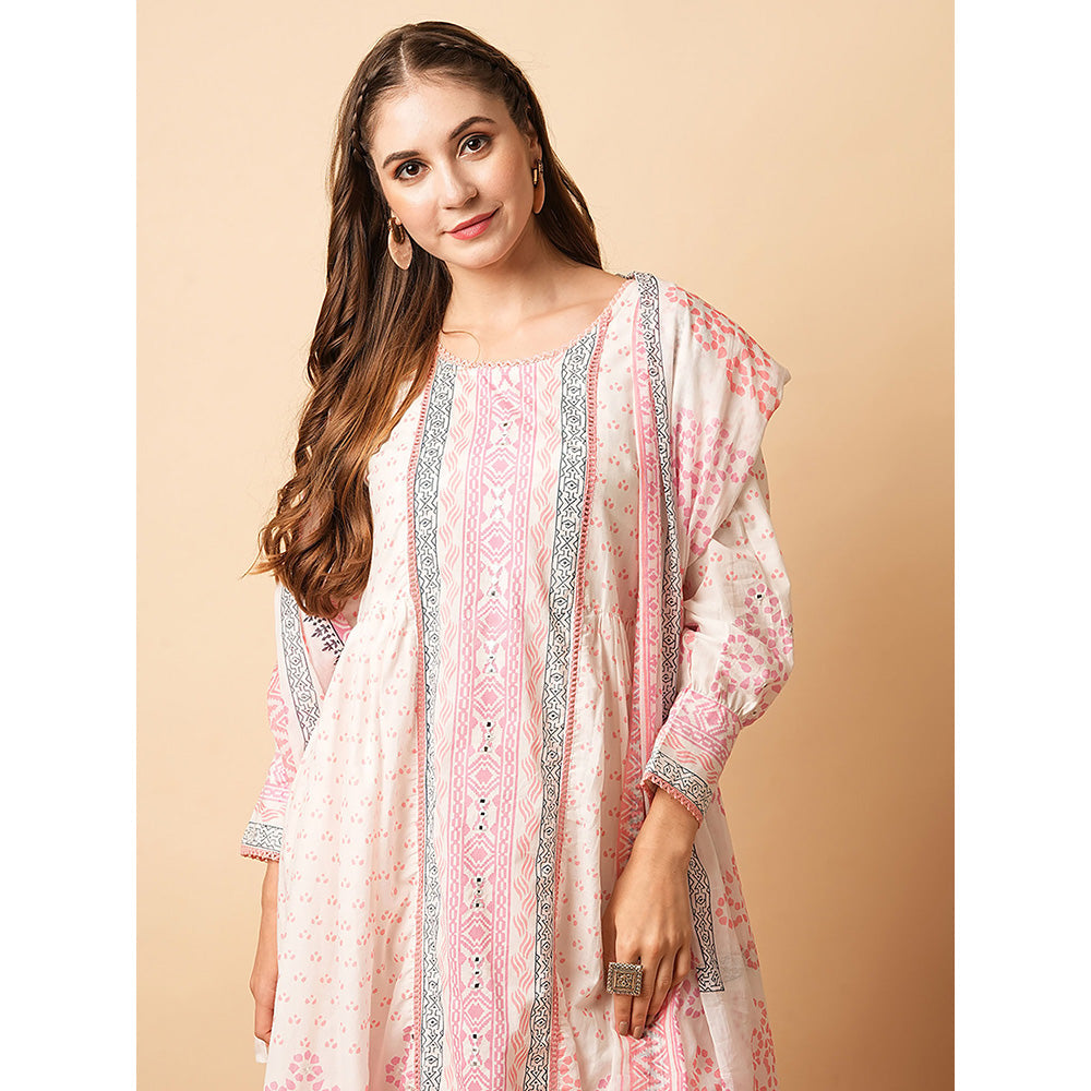 FASHOR White & Pink Printed Kurta with Pant & Dupatta (Set of 3)