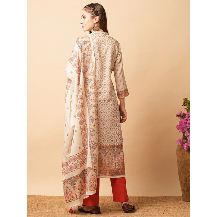 FASHOR Off White Ethnic Printed Kurta with Pant & Dupatta (Set of 3)