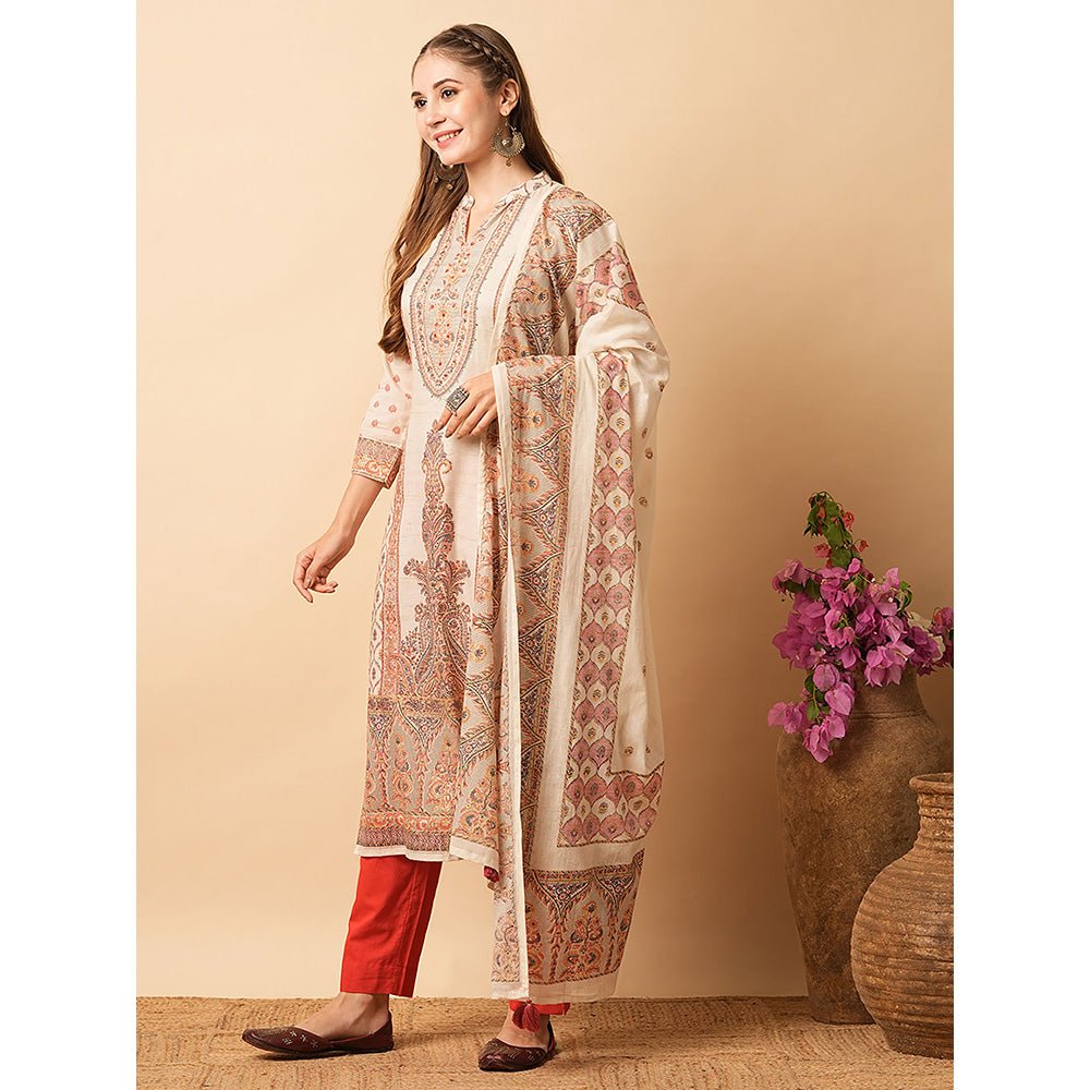 FASHOR Off White Ethnic Printed Kurta with Pant & Dupatta (Set of 3)