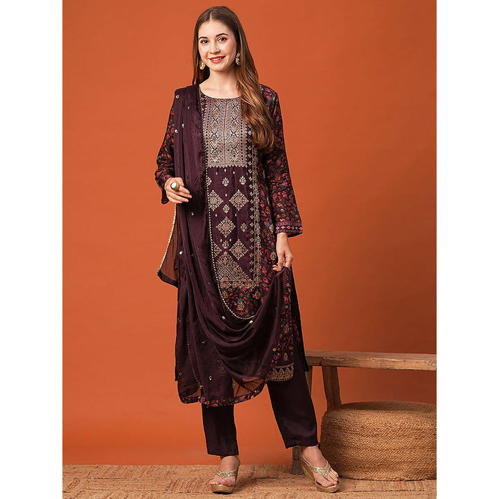 FASHOR Burgundy Floral Printed Kurta with Pant & Dupatta (Set of 3)