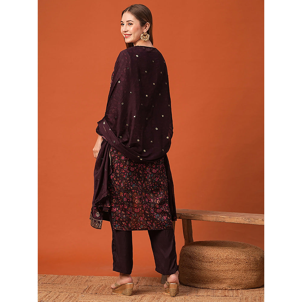 FASHOR Burgundy Floral Printed Kurta with Pant & Dupatta (Set of 3)