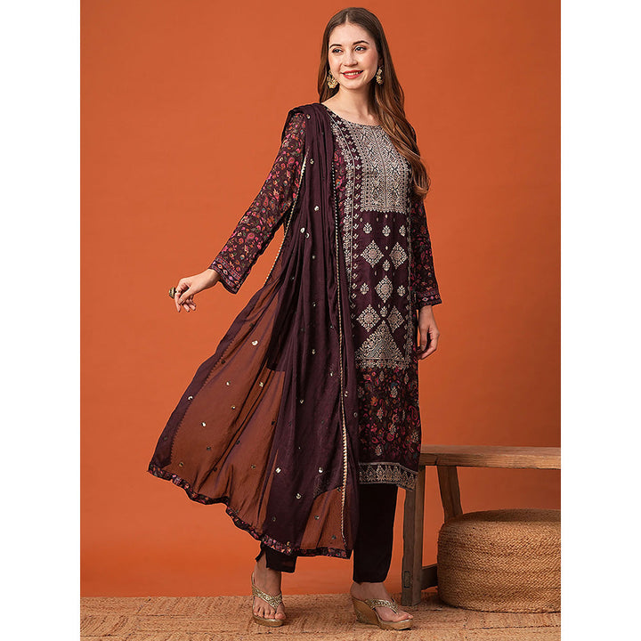 FASHOR Burgundy Floral Printed Kurta with Pant & Dupatta (Set of 3)