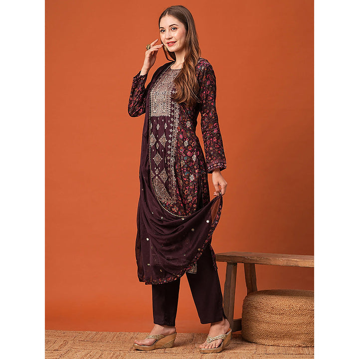 FASHOR Burgundy Floral Printed Kurta with Pant & Dupatta (Set of 3)