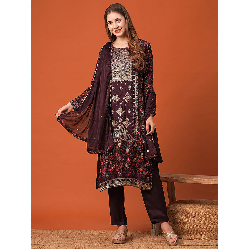 FASHOR Burgundy Floral Printed Kurta with Pant & Dupatta (Set of 3)