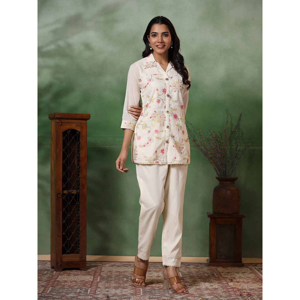 FASHOR Off White Floral Printed Shirt with Pant (Set of 2)