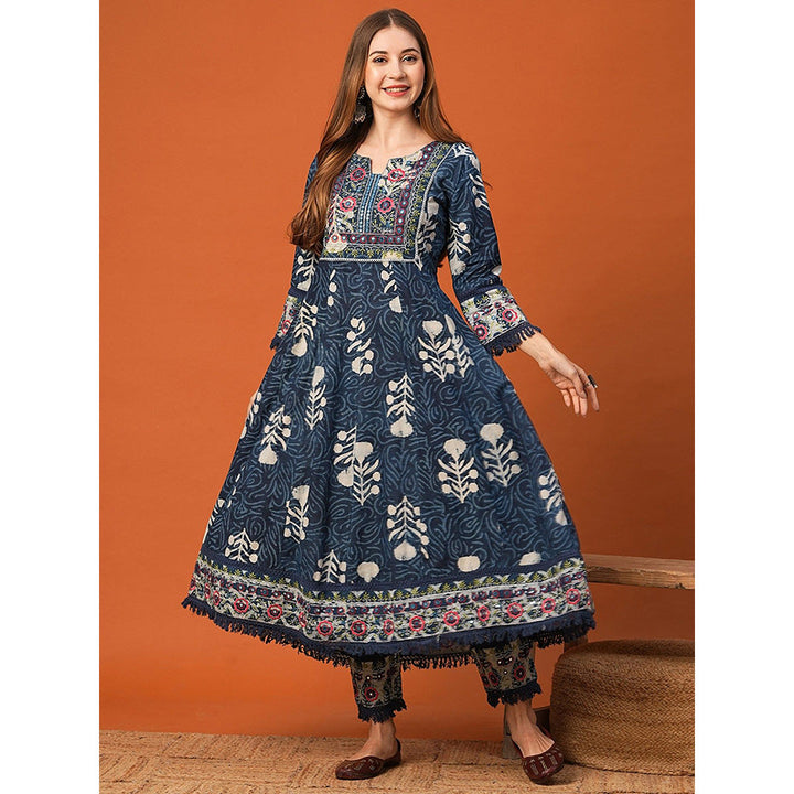 FASHOR Navy Blue Printed Anarkali Kurta with Pant (Set of 2)