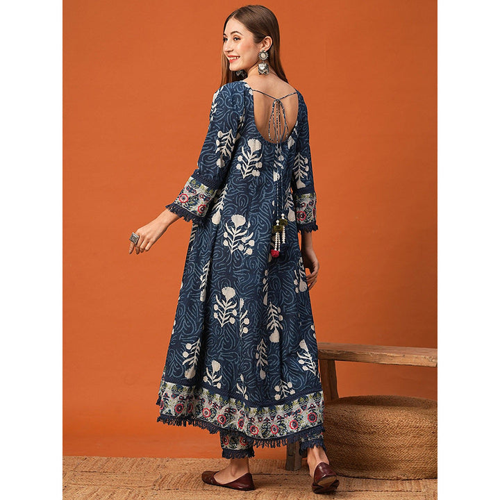 FASHOR Navy Blue Printed Anarkali Kurta with Pant (Set of 2)