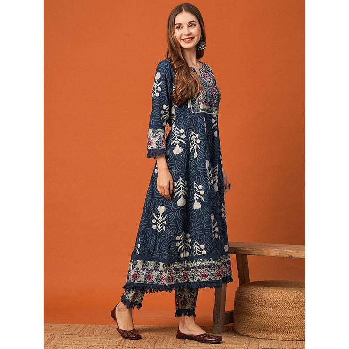 FASHOR Navy Blue Printed Anarkali Kurta with Pant (Set of 2)