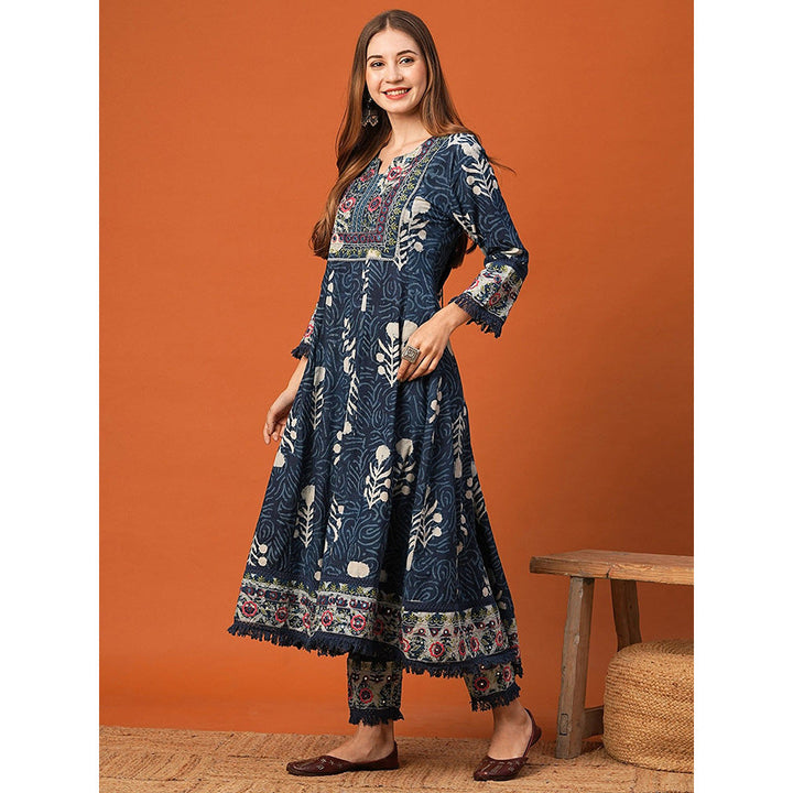 FASHOR Navy Blue Printed Anarkali Kurta with Pant (Set of 2)