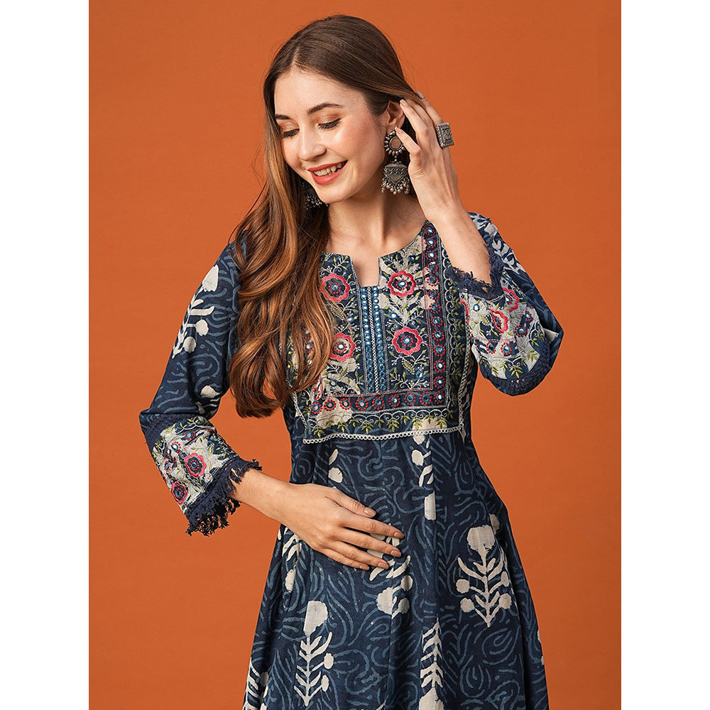 FASHOR Navy Blue Printed Anarkali Kurta with Pant (Set of 2)