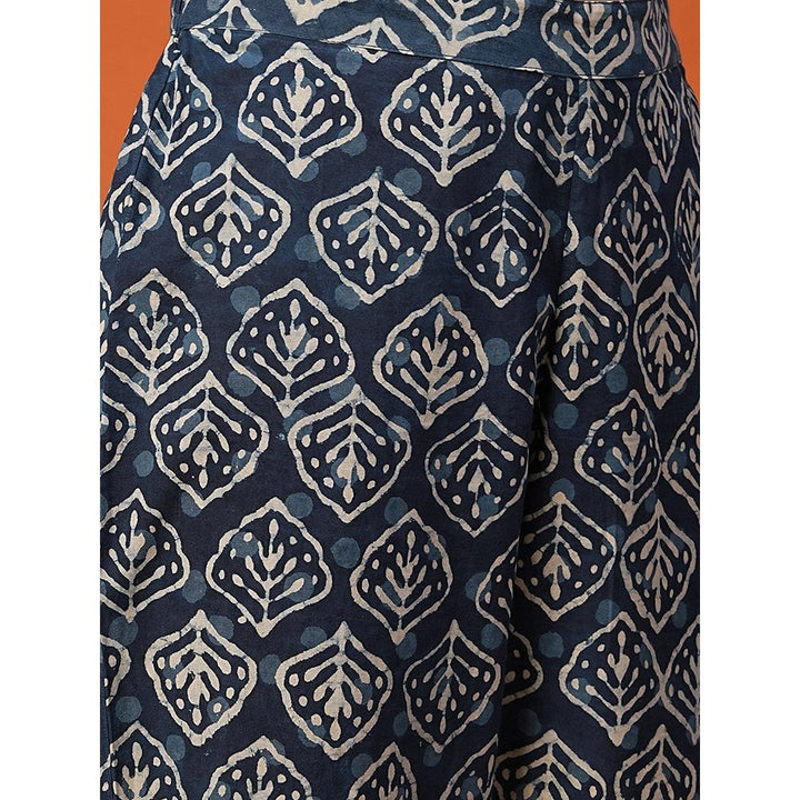 FASHOR Navy Blue Printed Anarkali Kurta with Pant (Set of 2)