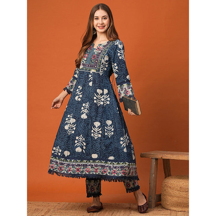 FASHOR Navy Blue Printed Anarkali Kurta with Pant (Set of 2)