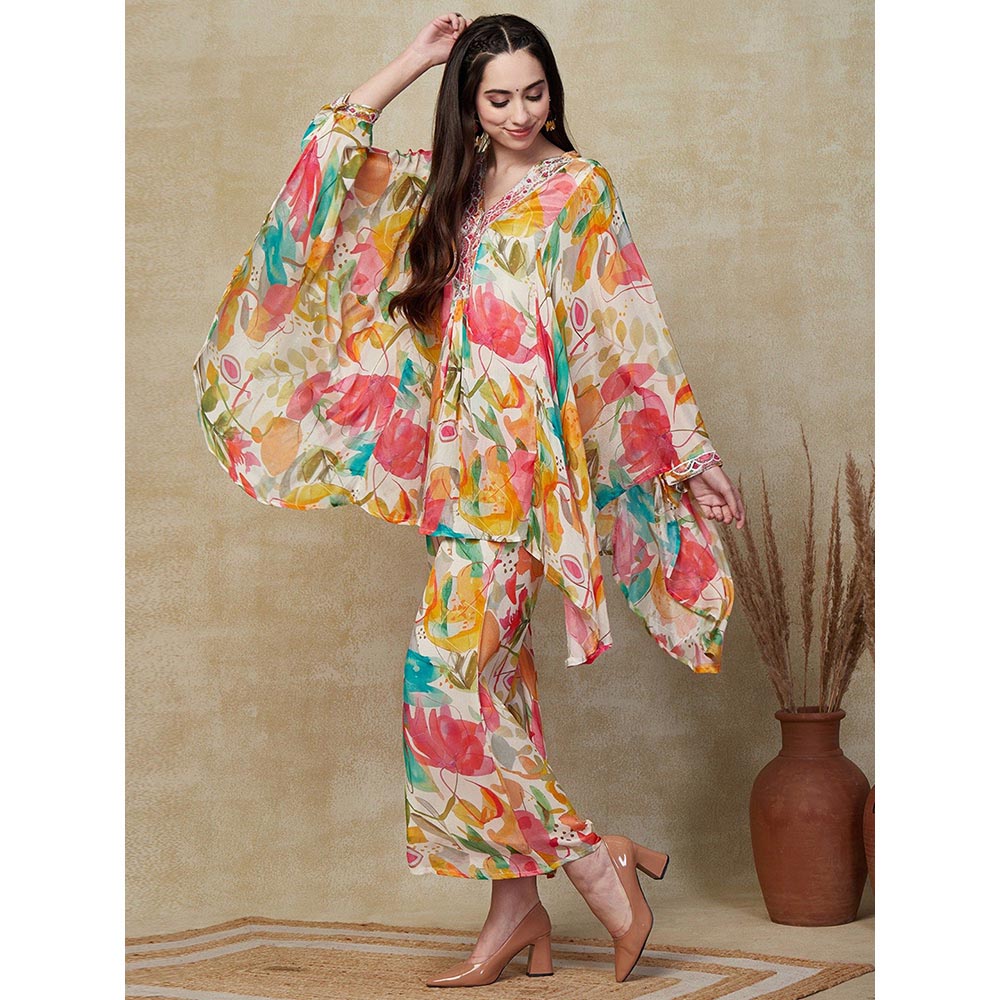 FASHOR Multi-Color Floral Printed Kaftan with Palazzo (Set of 2)