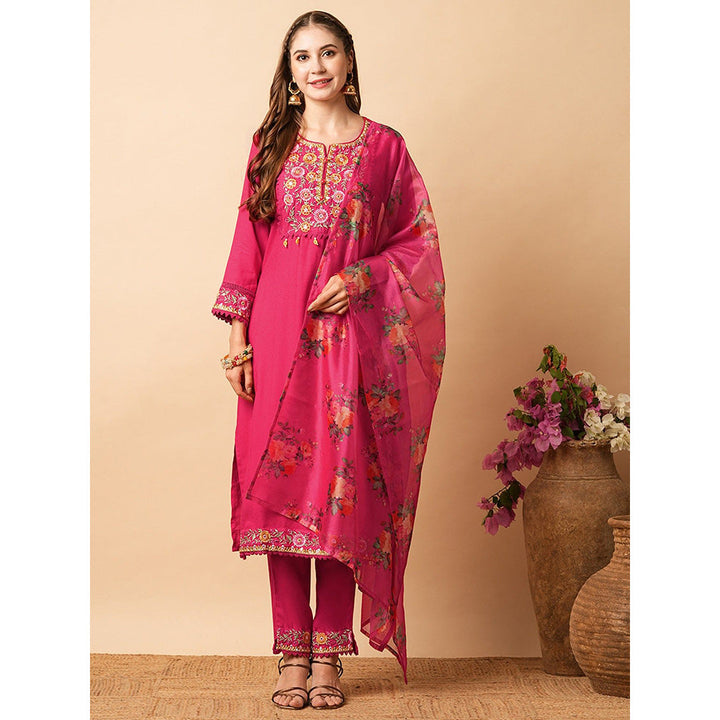 FASHOR Pink Embroidered Kurta with Pant and Dupatta (Set of 3)