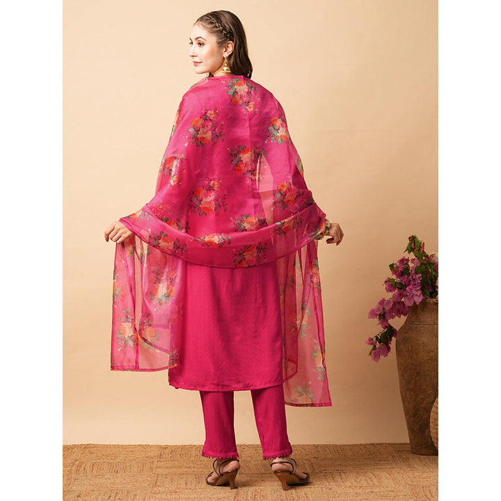 FASHOR Pink Embroidered Kurta with Pant and Dupatta (Set of 3)