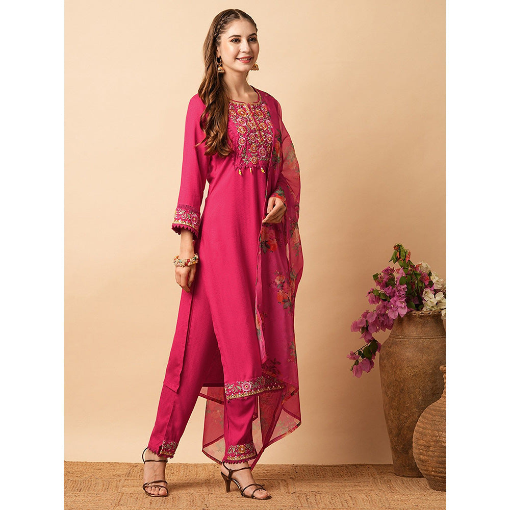 FASHOR Pink Embroidered Kurta with Pant and Dupatta (Set of 3)