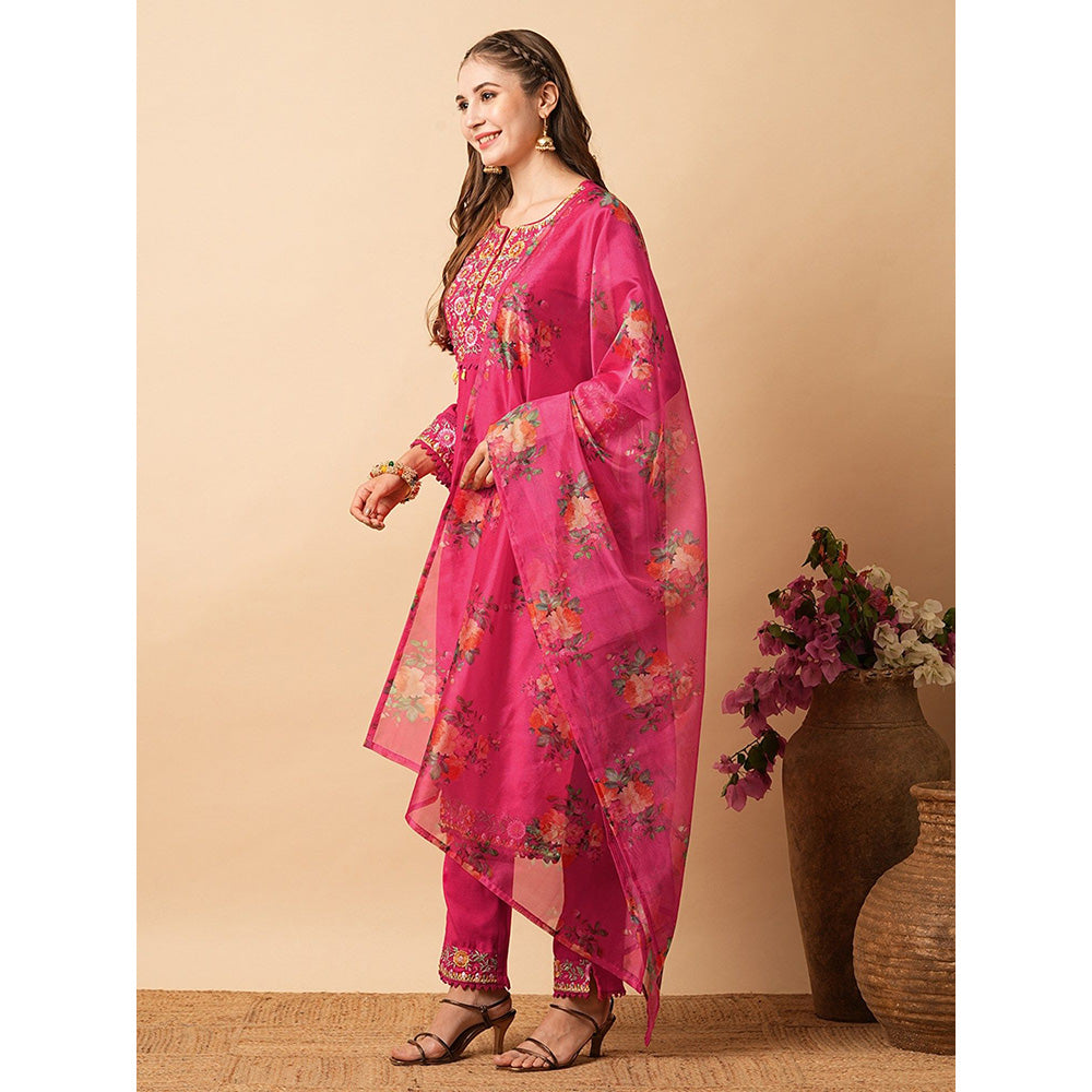 FASHOR Pink Embroidered Kurta with Pant and Dupatta (Set of 3)