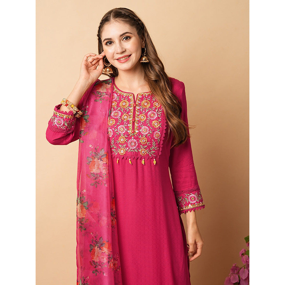 FASHOR Pink Embroidered Kurta with Pant and Dupatta (Set of 3)