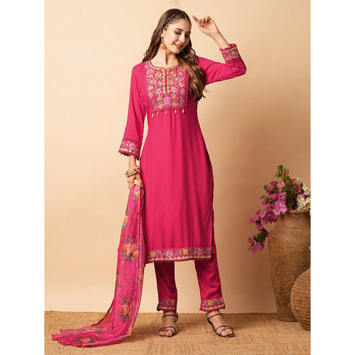 FASHOR Pink Embroidered Kurta with Pant and Dupatta (Set of 3)