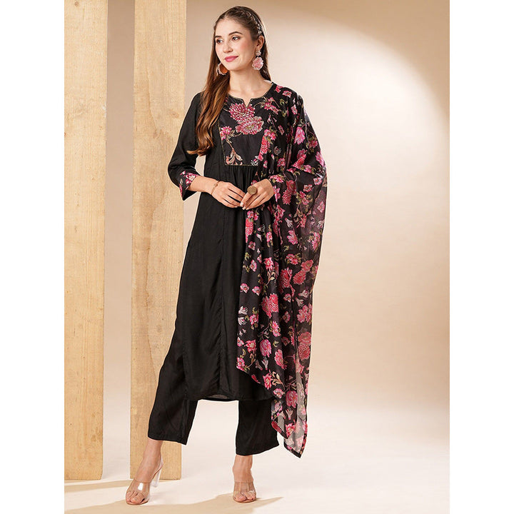 FASHOR Black Floral Printed Kurta with Pant and Dupatta (Set of 3)