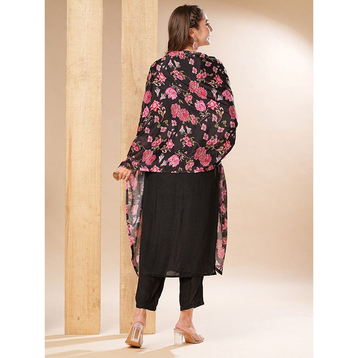 FASHOR Black Floral Printed Kurta with Pant and Dupatta (Set of 3)