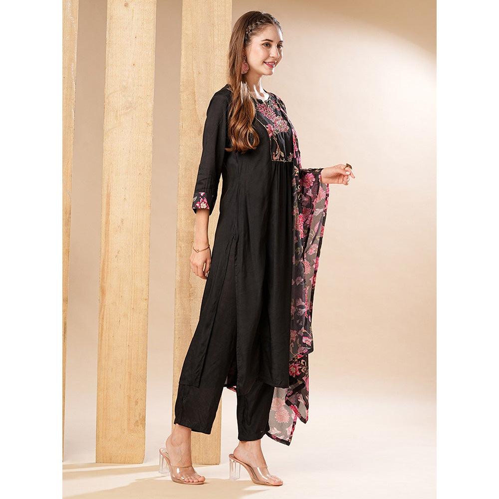 FASHOR Black Floral Printed Kurta with Pant and Dupatta (Set of 3)