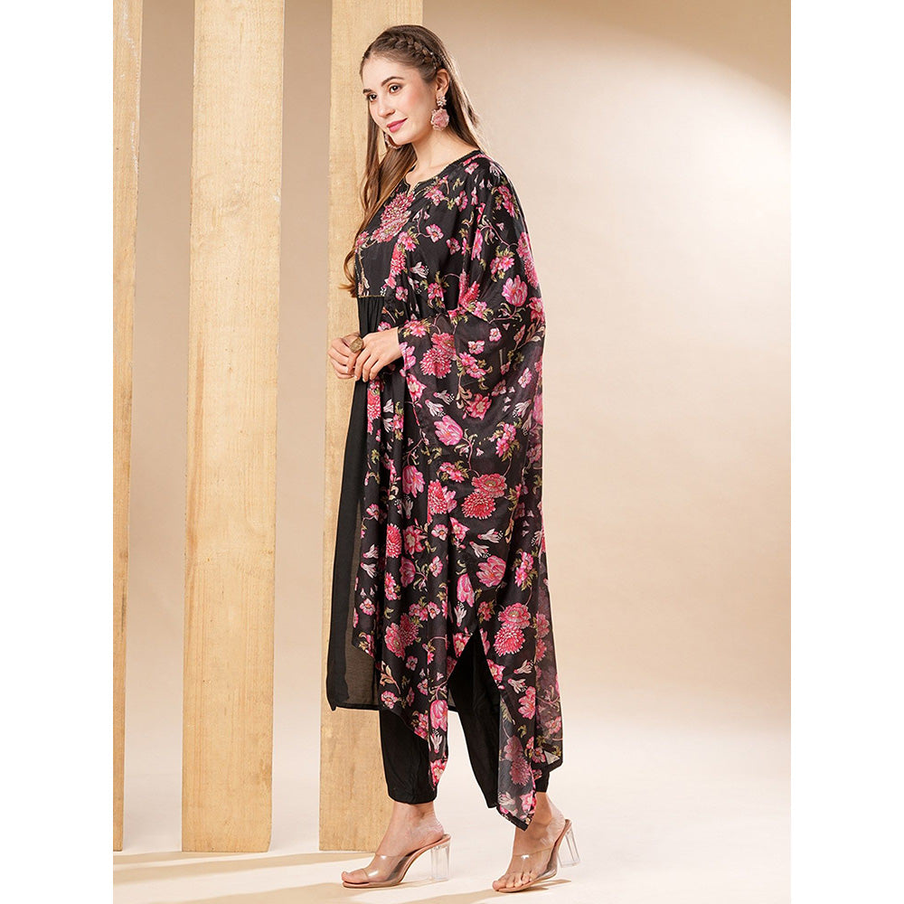 FASHOR Black Floral Printed Kurta with Pant and Dupatta (Set of 3)