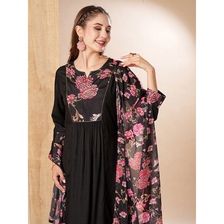 FASHOR Black Floral Printed Kurta with Pant and Dupatta (Set of 3)