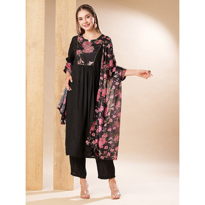 FASHOR Black Floral Printed Kurta with Pant and Dupatta (Set of 3)