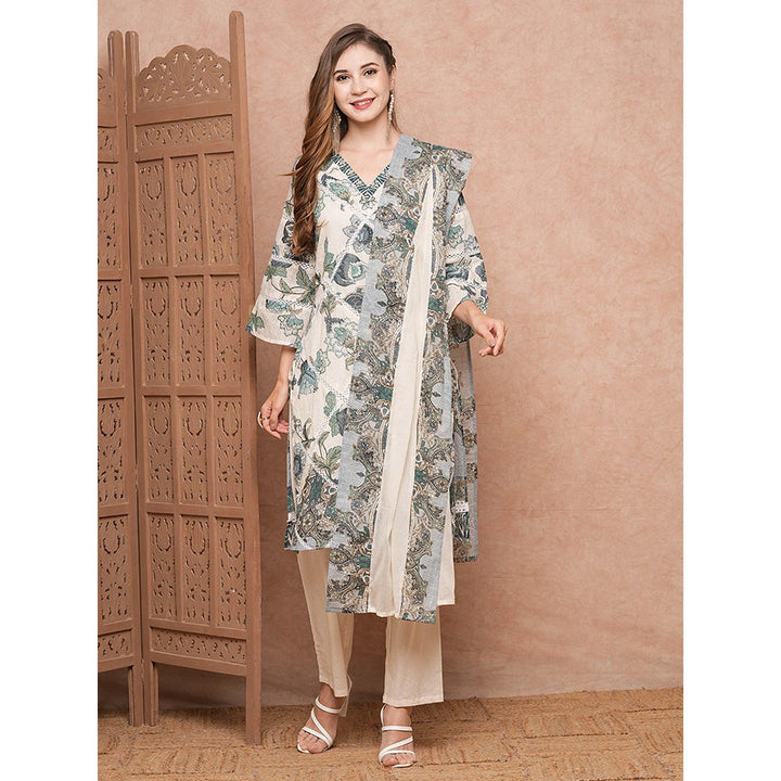 FASHOR Off White Floral Printed Kurta with Pant and Dupatta (Set of 3)