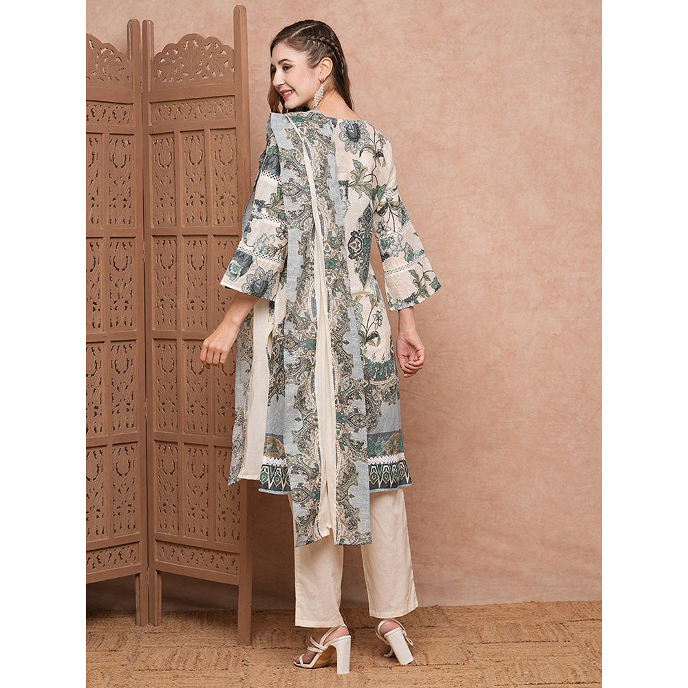 FASHOR Off White Floral Printed Kurta with Pant and Dupatta (Set of 3)