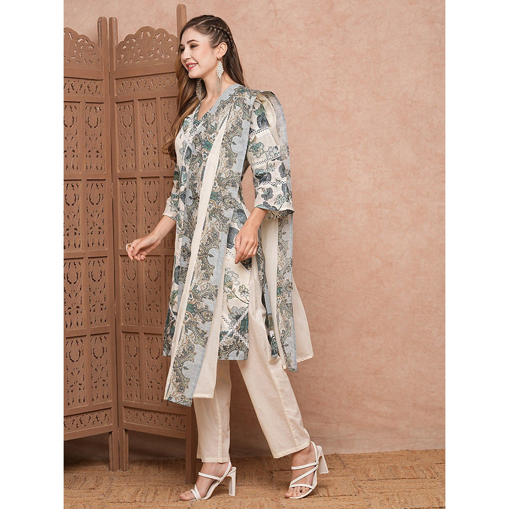 FASHOR Off White Floral Printed Kurta with Pant and Dupatta (Set of 3)