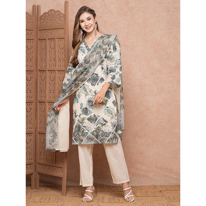 FASHOR Off White Floral Printed Kurta with Pant and Dupatta (Set of 3)