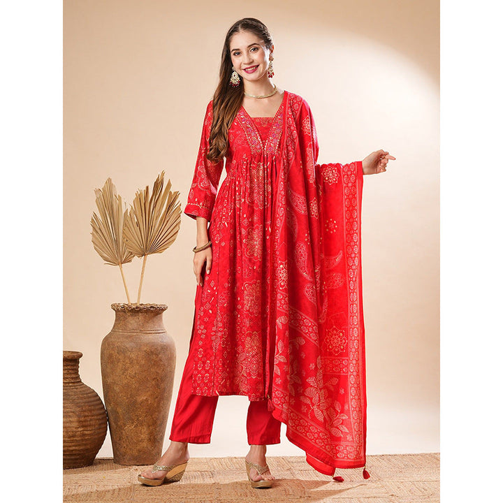 FASHOR Red Printed Kurta with Pant and Dupatta (Set of 3)