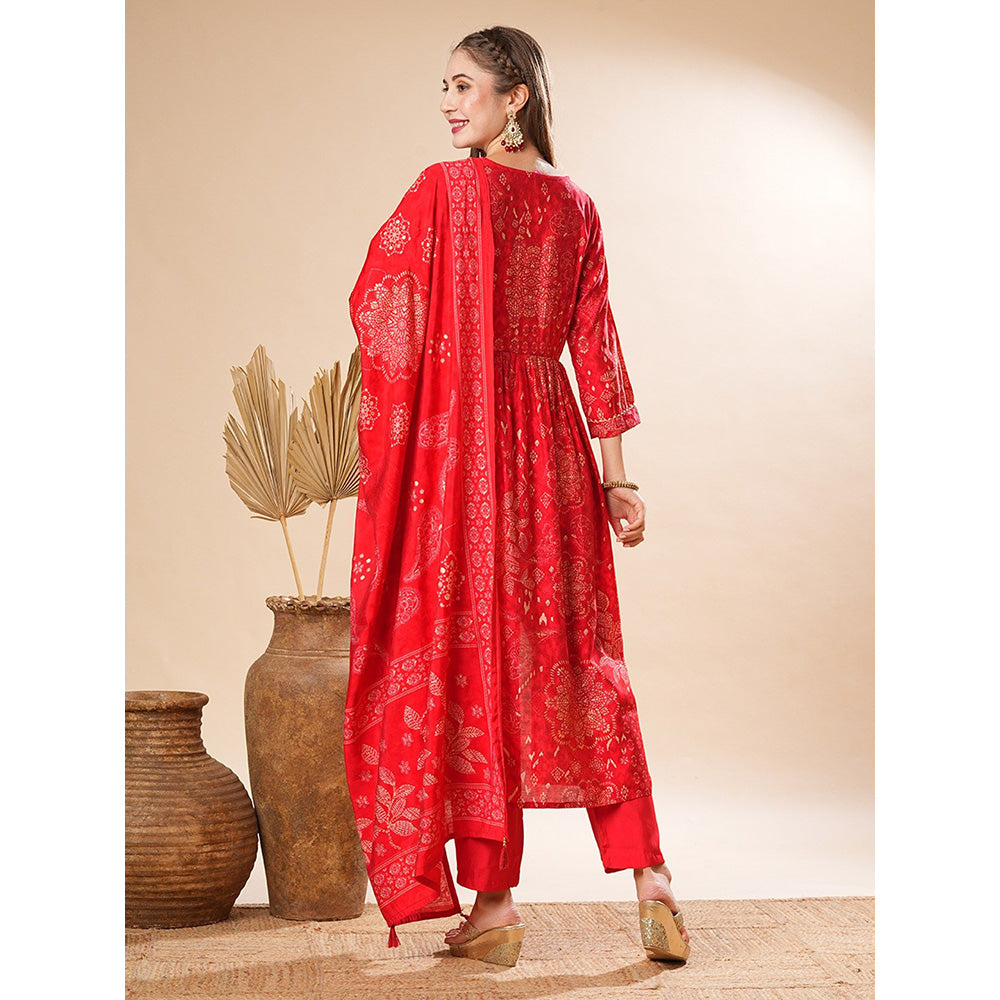 FASHOR Red Printed Kurta with Pant and Dupatta (Set of 3)