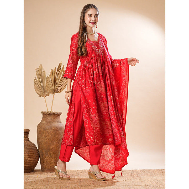 FASHOR Red Printed Kurta with Pant and Dupatta (Set of 3)