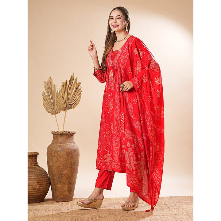 FASHOR Red Printed Kurta with Pant and Dupatta (Set of 3)