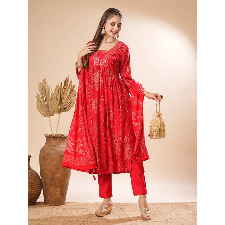 FASHOR Red Printed Kurta with Pant and Dupatta (Set of 3)