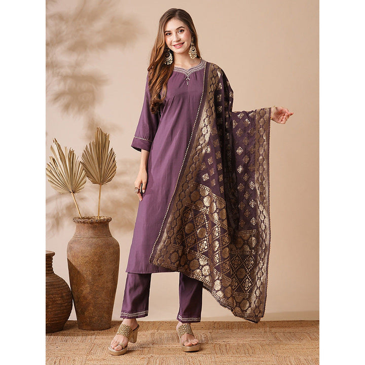 FASHOR Purple Solid Kurta with Pant and Dupatta (Set of 3)