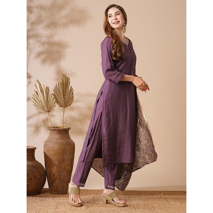 FASHOR Purple Solid Kurta with Pant and Dupatta (Set of 3)