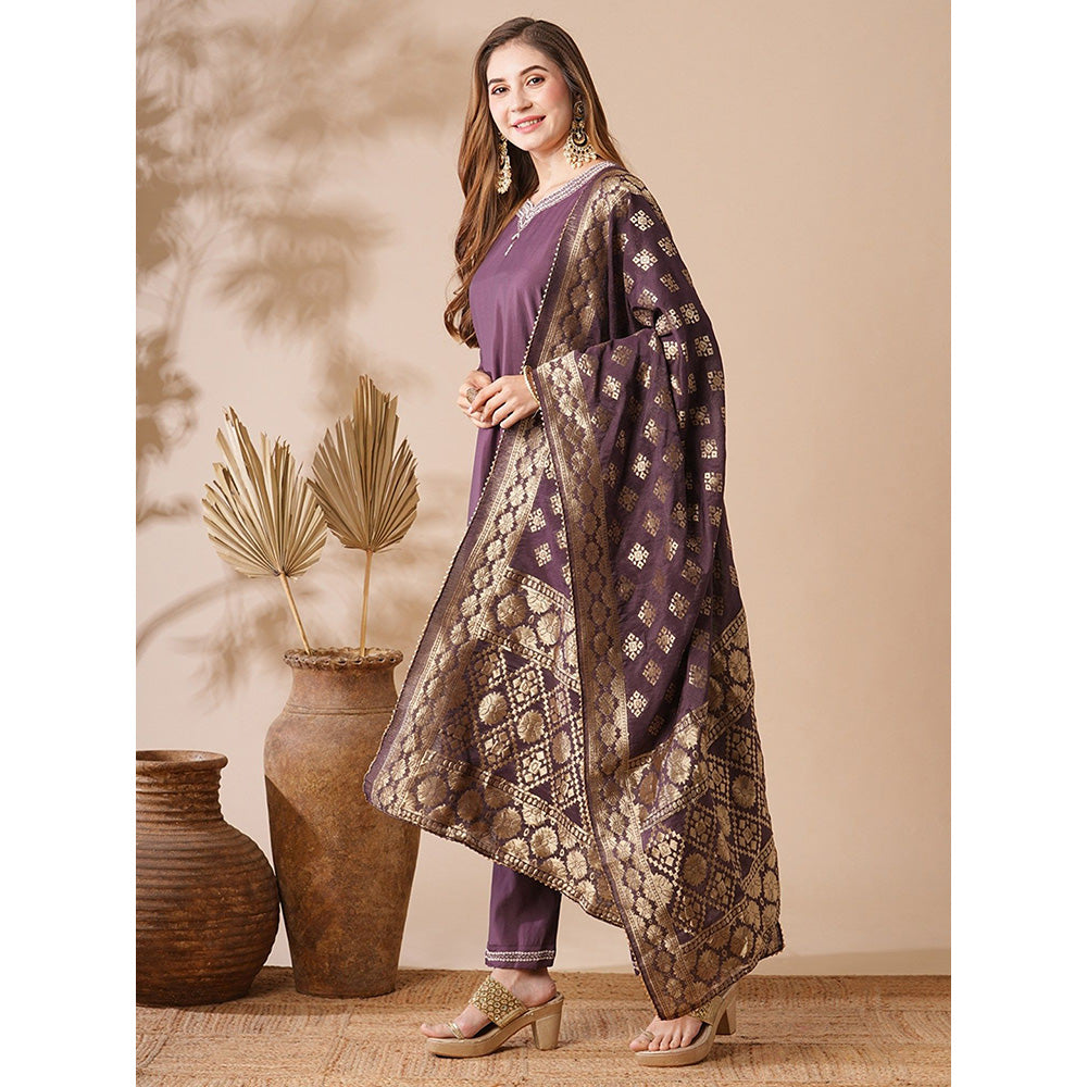 FASHOR Purple Solid Kurta with Pant and Dupatta (Set of 3)