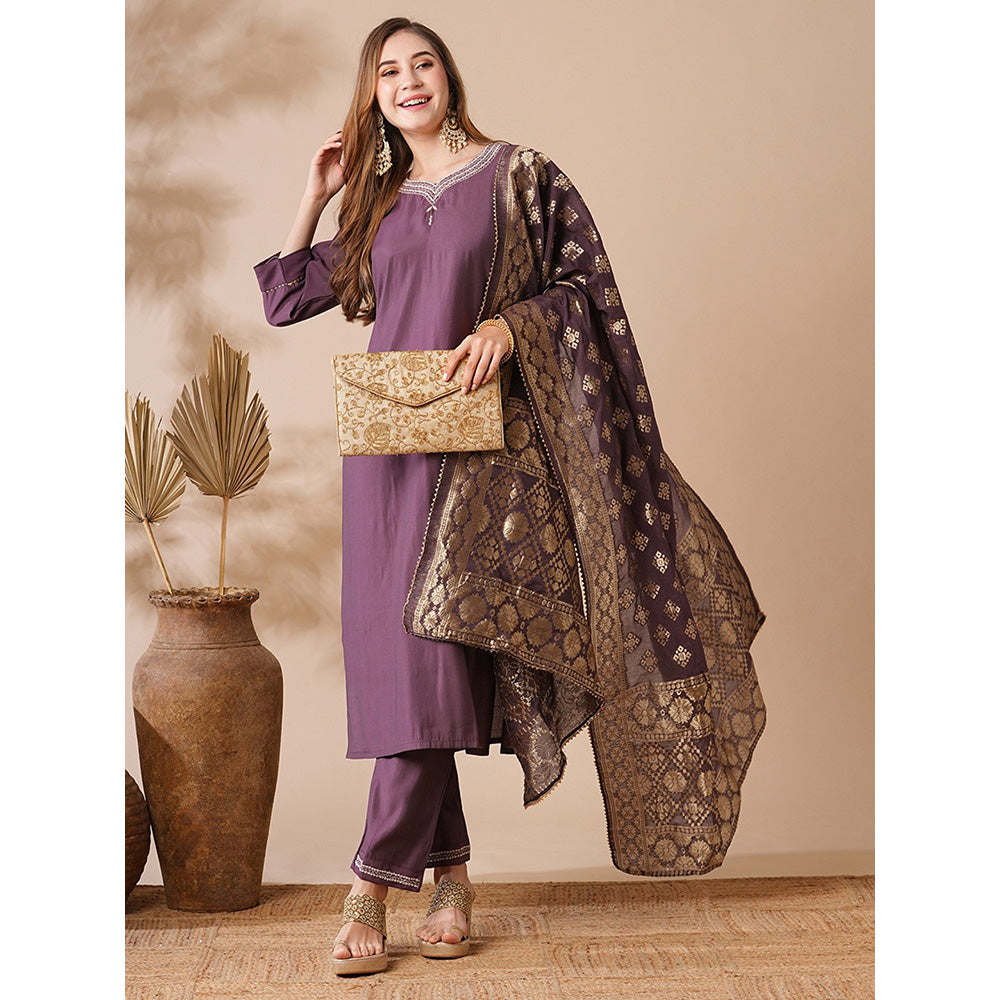 FASHOR Purple Solid Kurta with Pant and Dupatta (Set of 3)