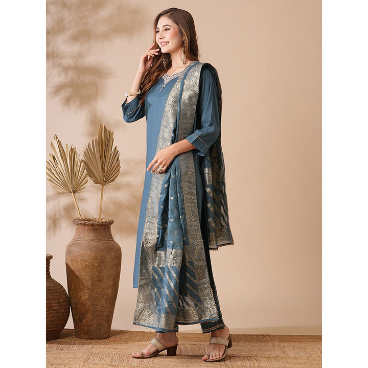 FASHOR Teal Embroidered Kurta with Pant and Dupatta (Set of 3)