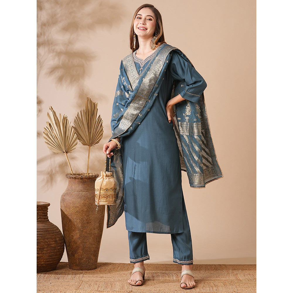 FASHOR Teal Embroidered Kurta with Pant and Dupatta (Set of 3)