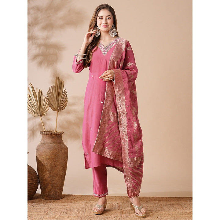 FASHOR Pink Embroidered Kurta with Pant and Dupatta (Set of 3)