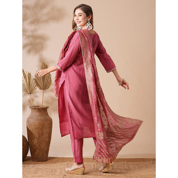 FASHOR Pink Embroidered Kurta with Pant and Dupatta (Set of 3)