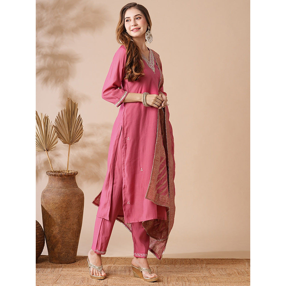 FASHOR Pink Embroidered Kurta with Pant and Dupatta (Set of 3)