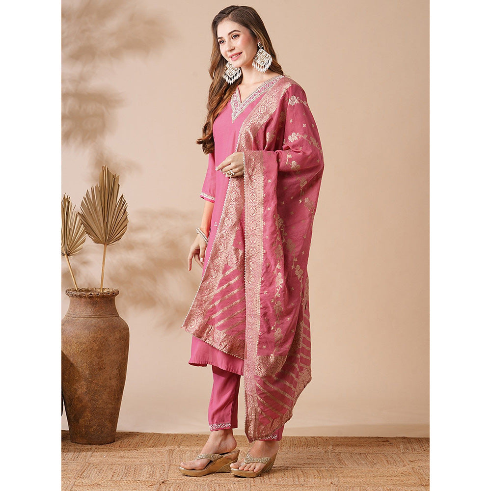FASHOR Pink Embroidered Kurta with Pant and Dupatta (Set of 3)